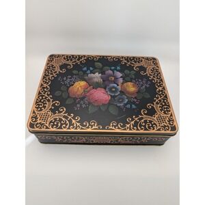 Vintage Made in England Floral Metal Tin Hinged Lid Black Gold Filigree 9x7x2